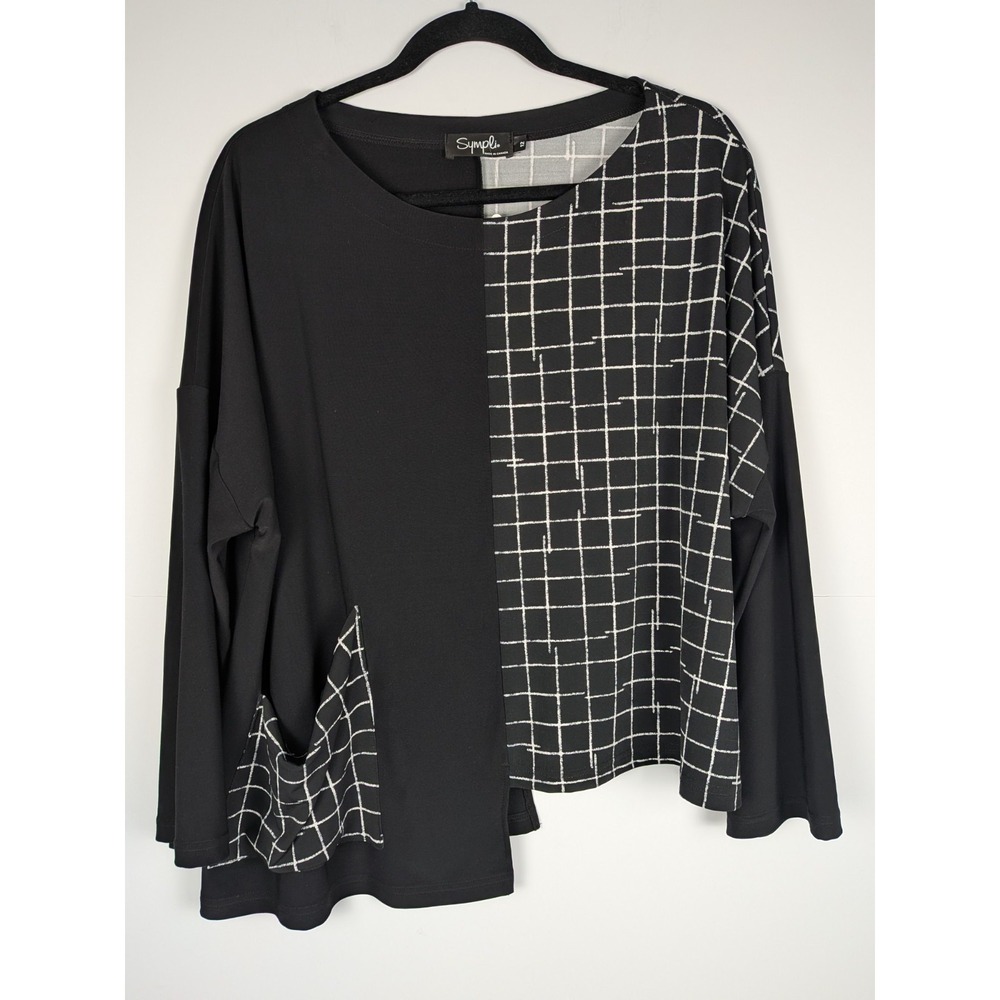 NEW Sympli asymmetric hem patch pocket boxy Lagenlook black top size 12